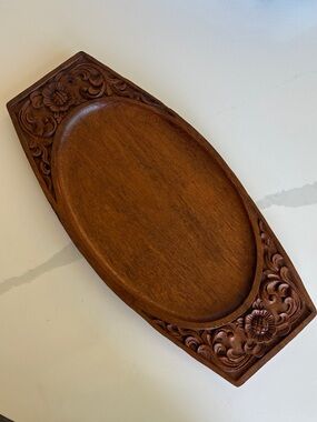 VNTG Teak Wood Hand Carved Serving Tray Large 20" Floral Relief Boho Platter